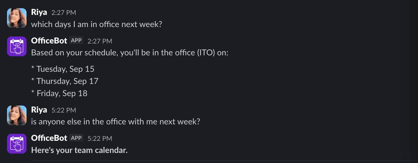 Officebot answering a natural-language question about upcoming office days