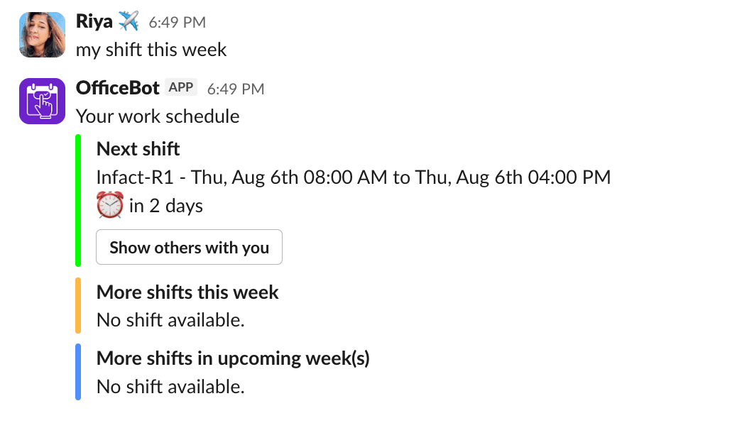 Officebot Slack my shifts view